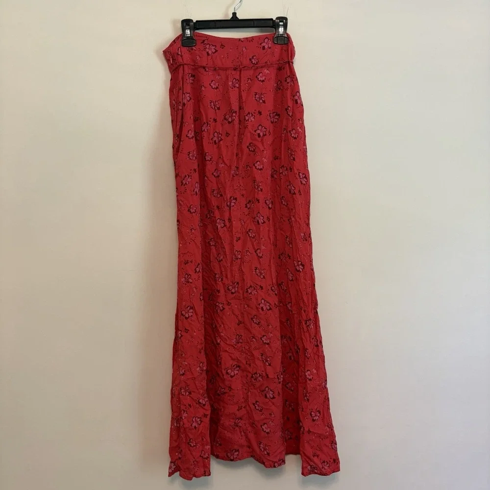 Free People Bijou Midi Red Floral Skirt Sz 6 Resort Feminine Zipper High‎ Slit